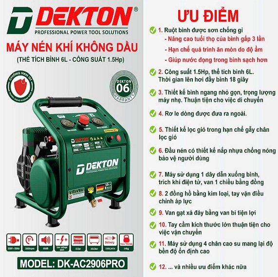 Máy Nén Khí Không Dầu Dekton DK-AC2906pro