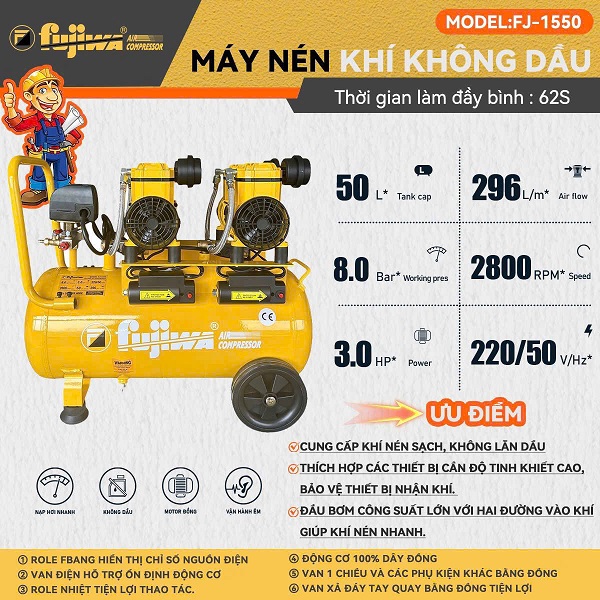 Máy nén khí không dầu 50 lít fujiwa fj-1550